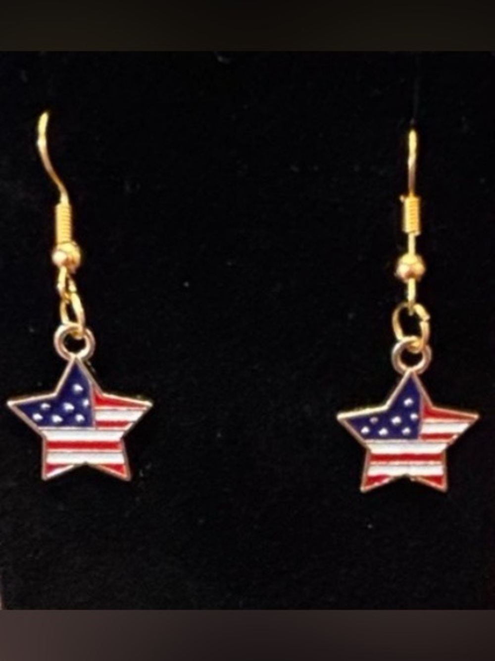 Cute new Gold tone Star Earrings with American Flag Design fun summer vibes